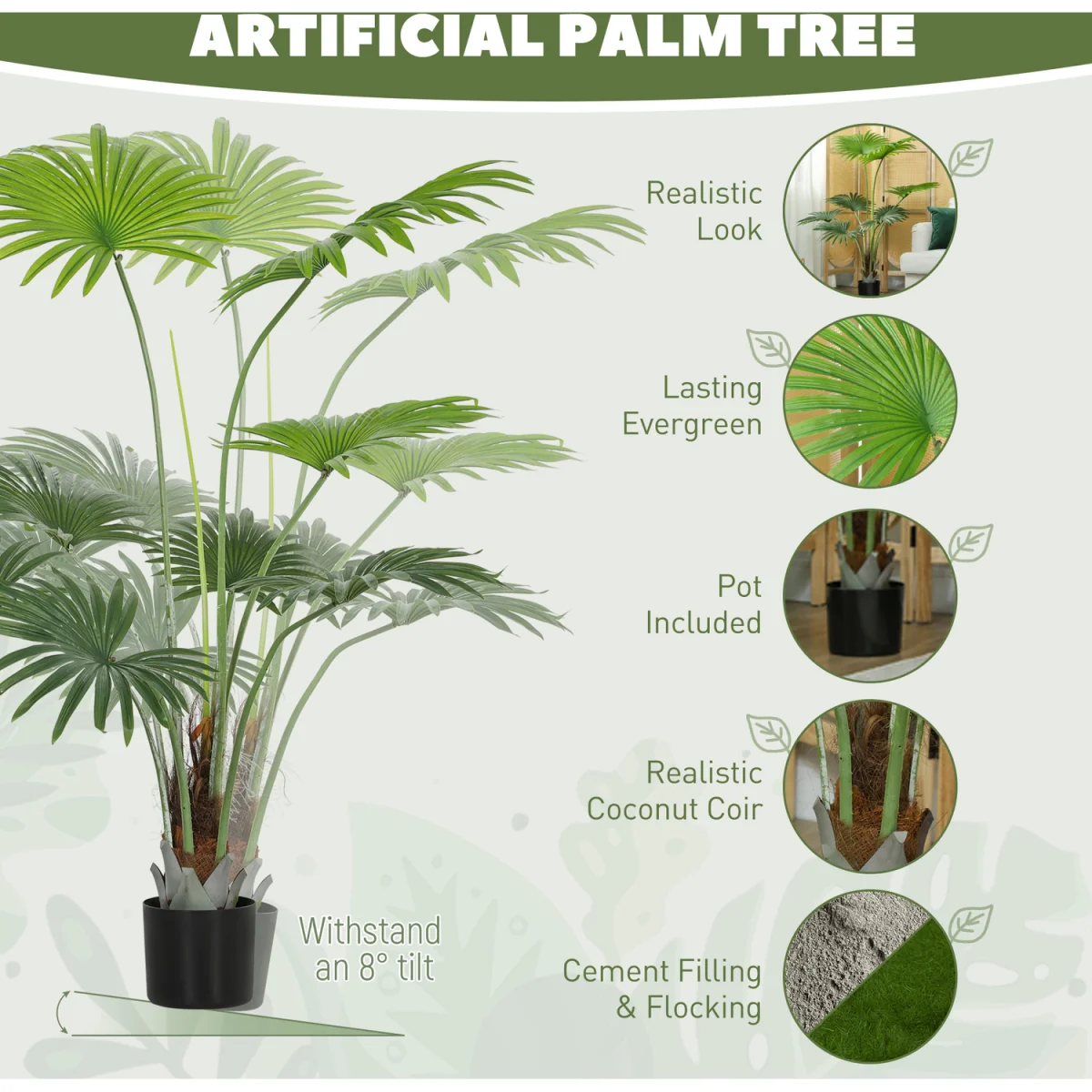 HOMCOM Artificial Plant with PEVA Leaves and Coconut Coir  - Green / 145cm – image 7