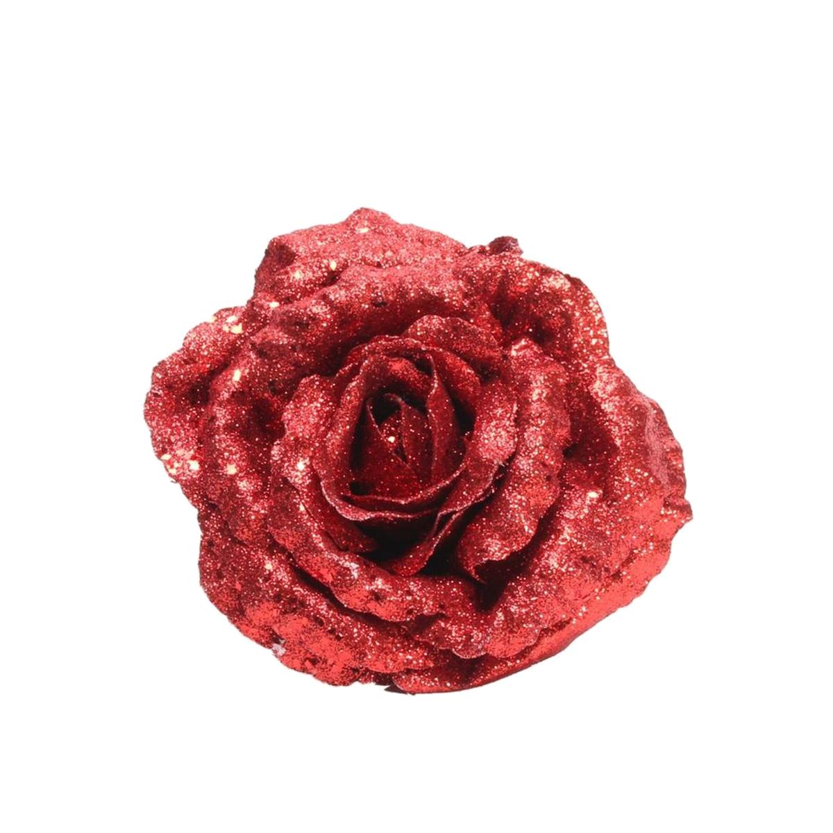 Artificial Glitter Rose Head With Clip - Red