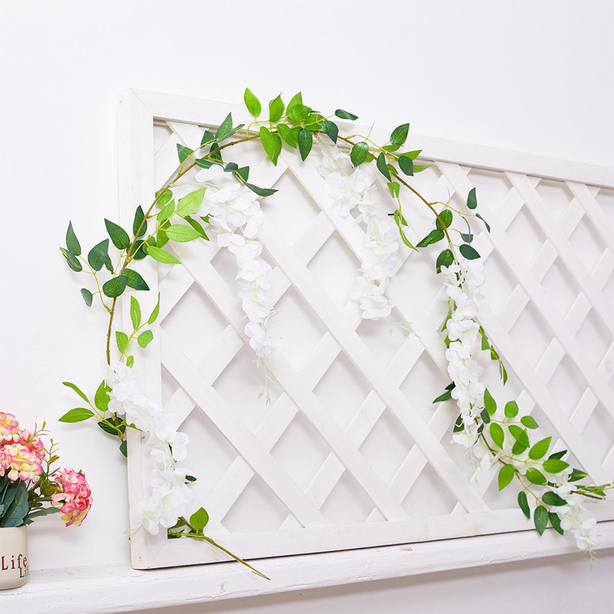 Artificial White Wisteria Flower Vine Garland Leaves Hanging Arch Door Decor - Green – image 1