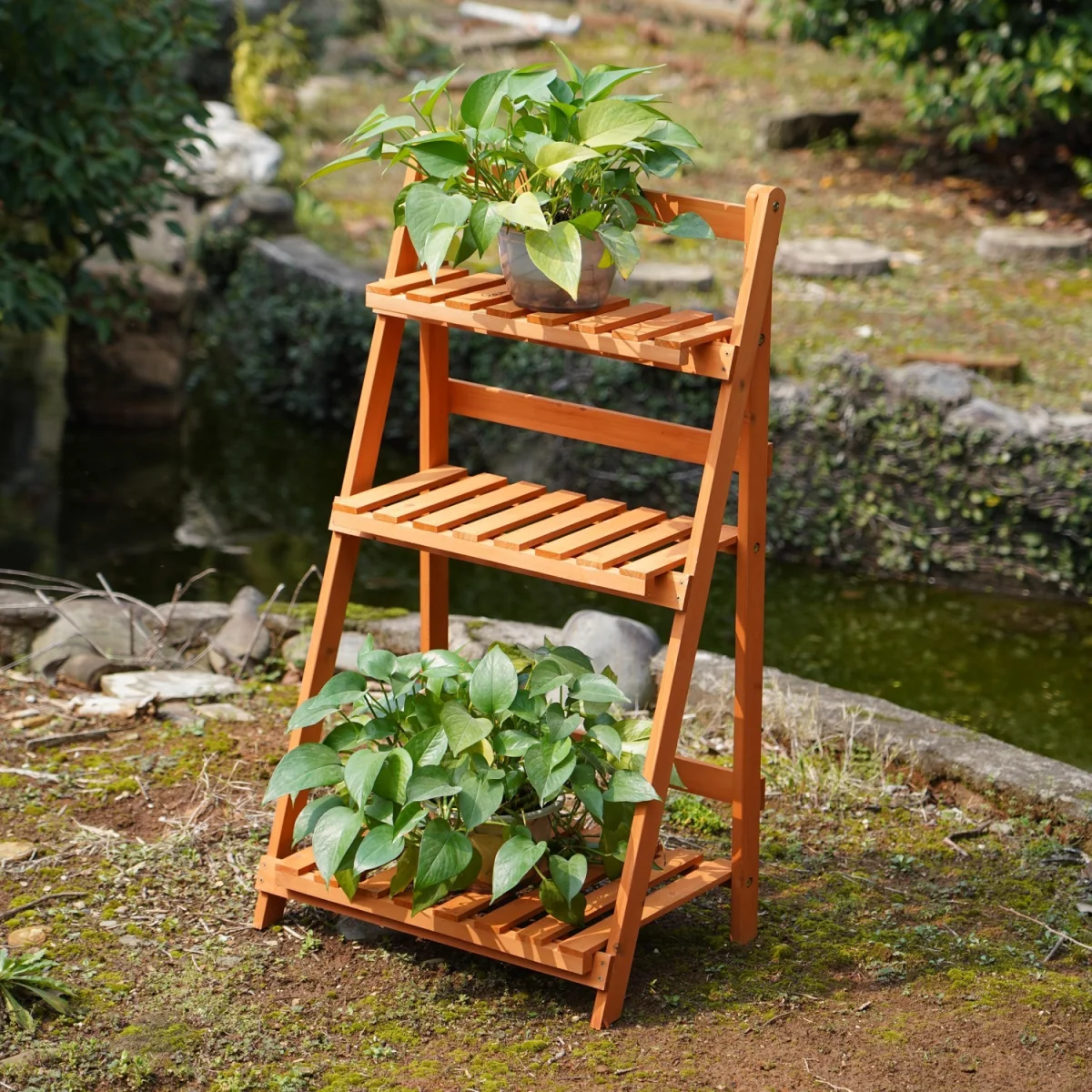 Wooden Shelf Foldable Rack Flower Plant Pot Stand - Brown