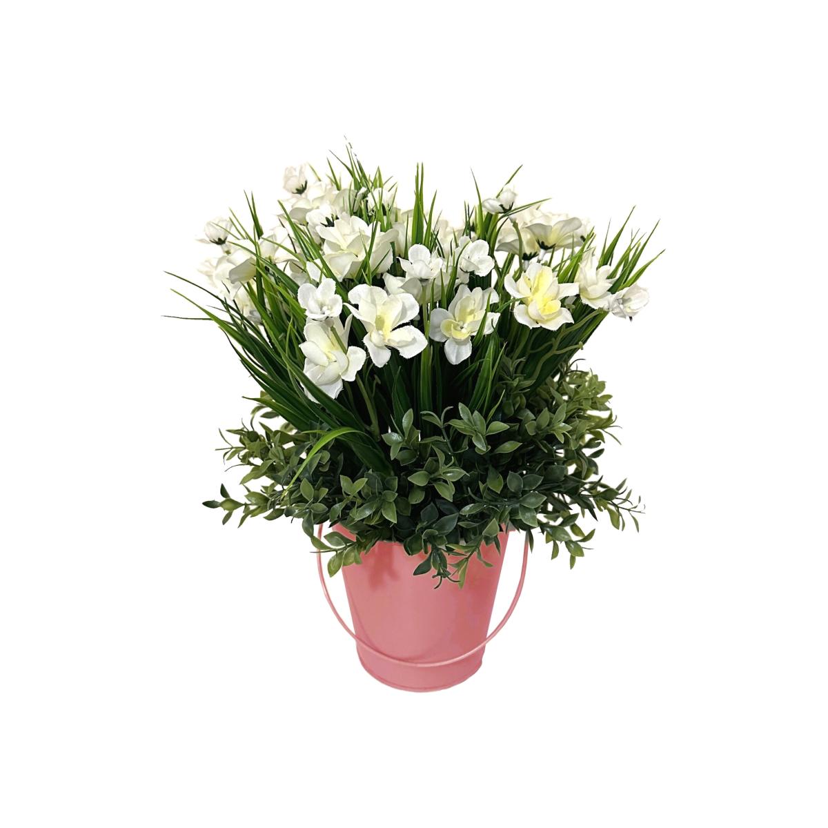 Artificial Grass with White Flowers in a Bucket - Pink