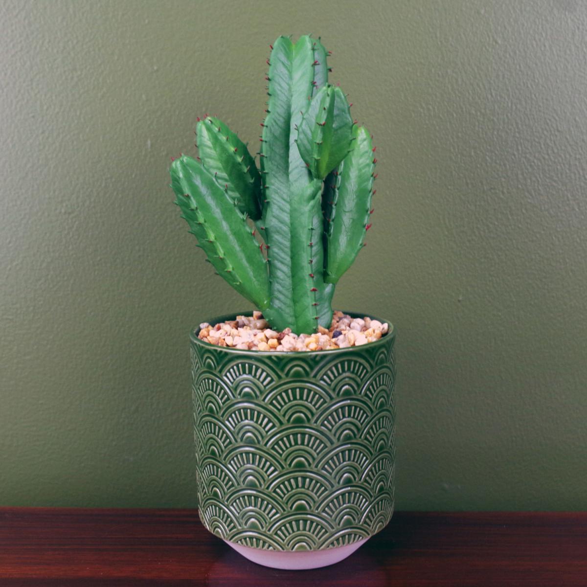 Artificial Cactus Plant Potted in Green Ceramic Planter - Green