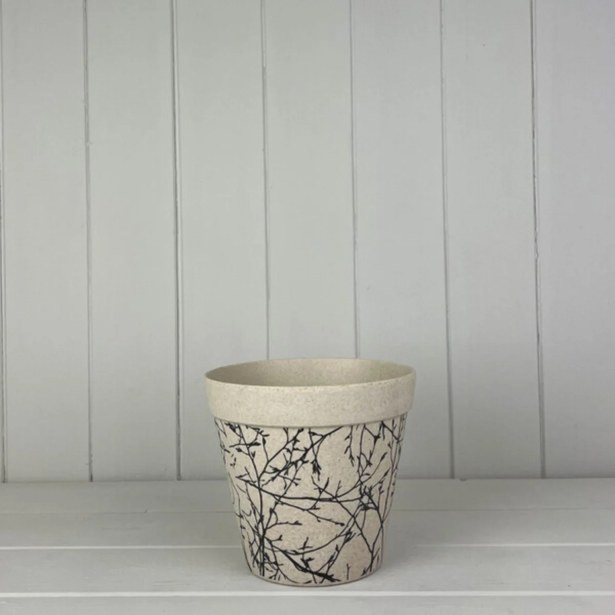 Beige Earthy Natural Bamboo Flower Pot With Silhouette Branch Design - Beige