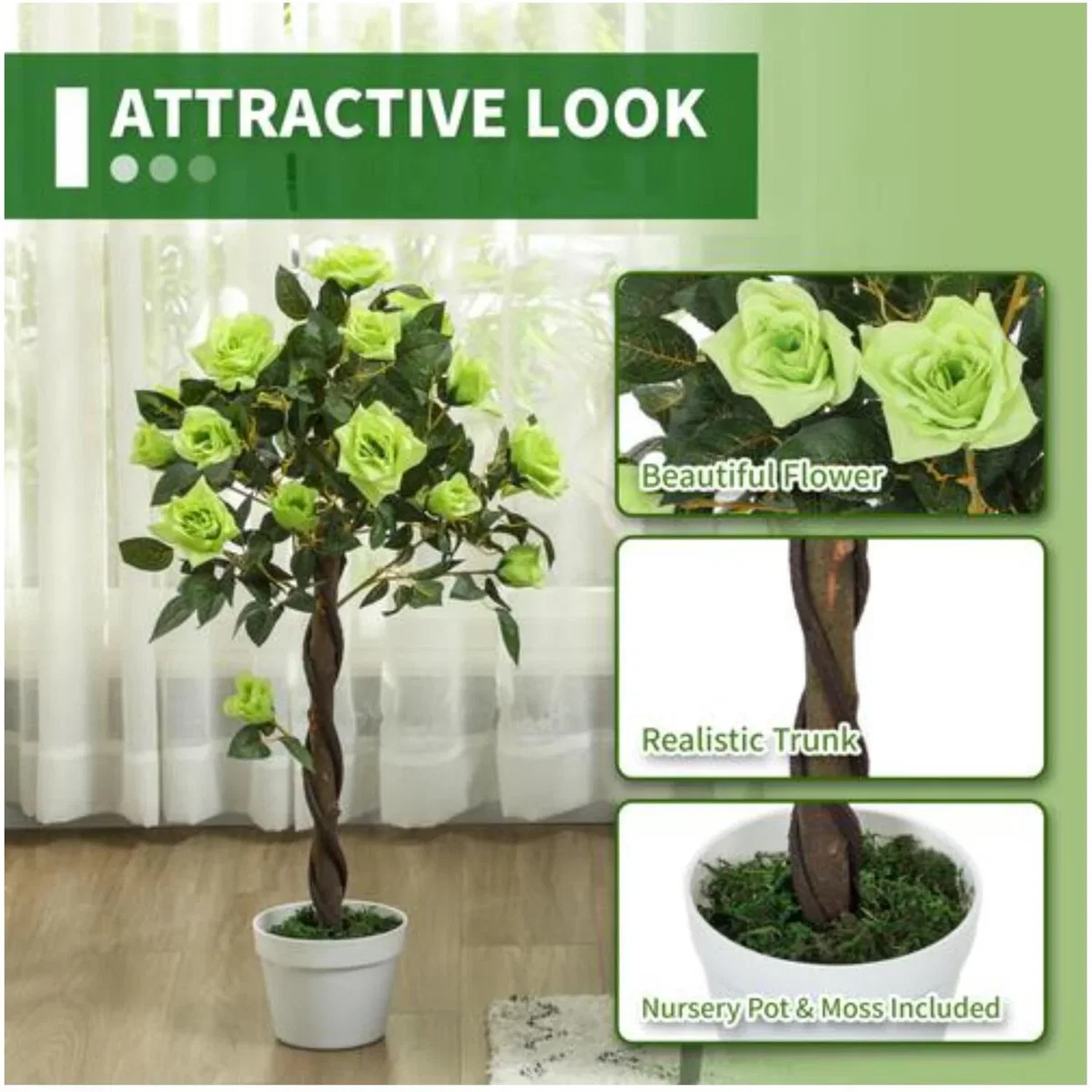 Dyzi 2pcs 90cm Artificial Rose potted Faux Tree Plant Garden - Green – image 3