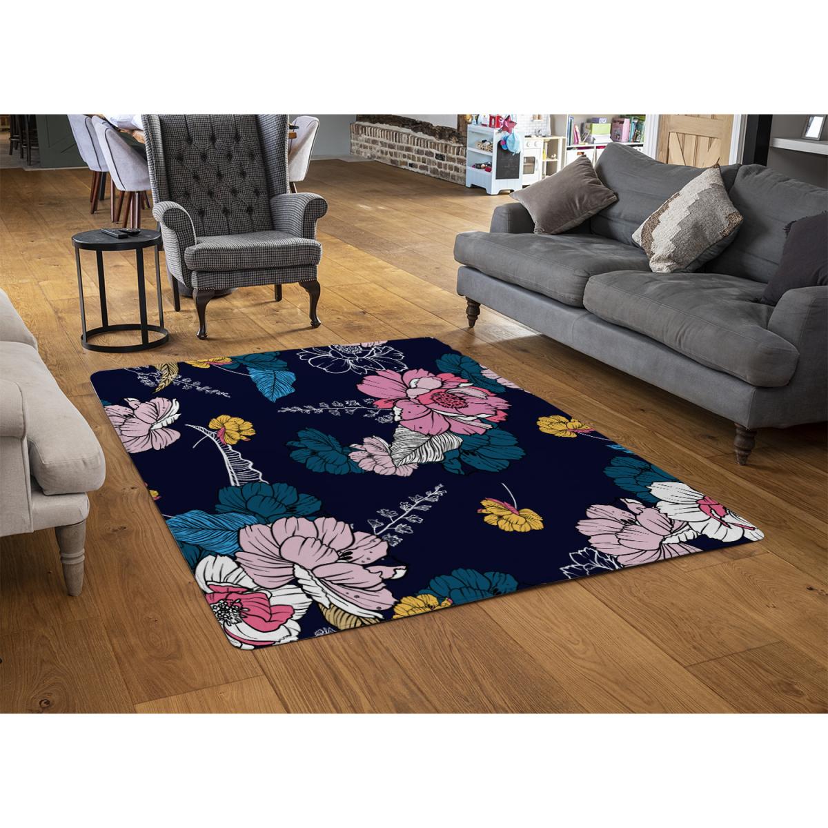 Pink Flowers On Navy Rug - Pink / 110cm – image 2