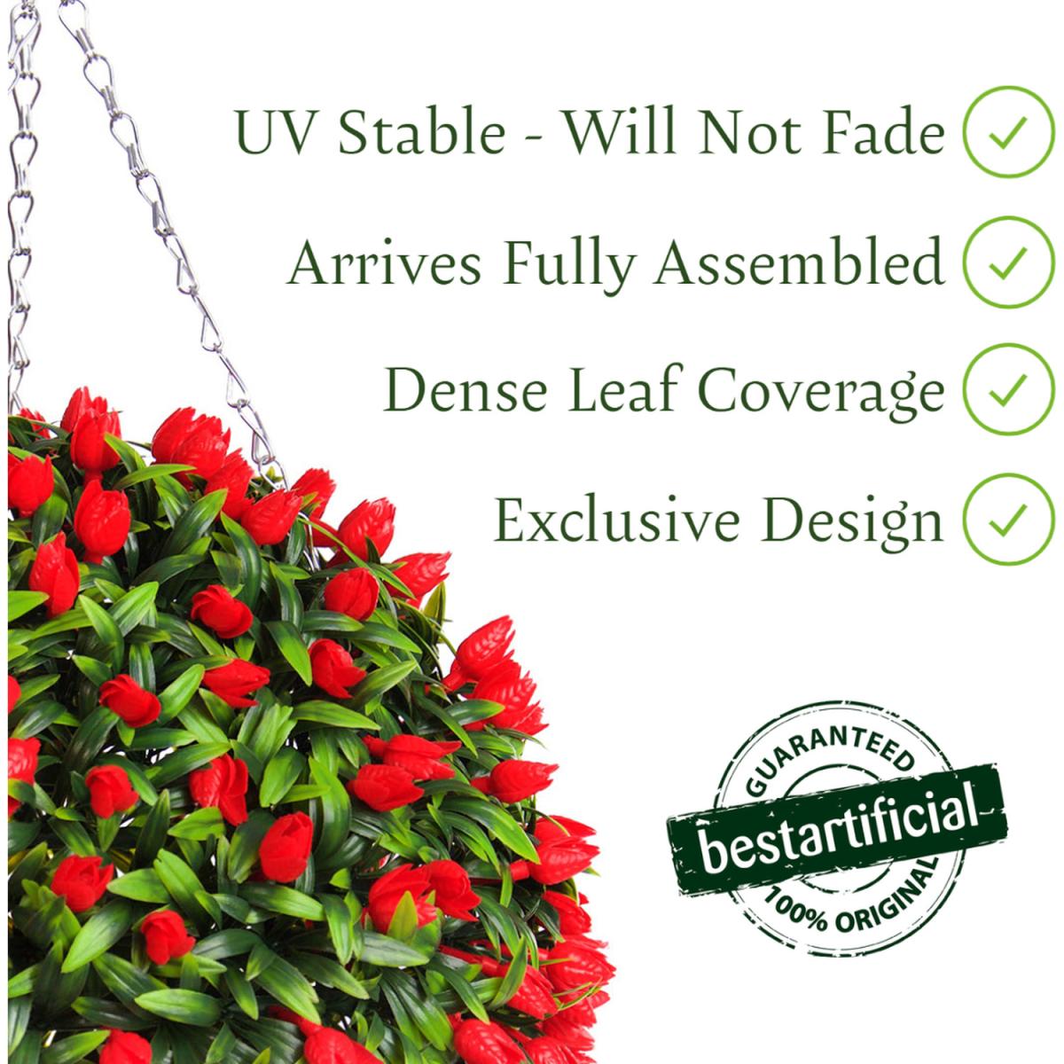Best Artificial 38cm Red Lush Tulip Hanging Basket Flower Topiary Ball - Red – image 7