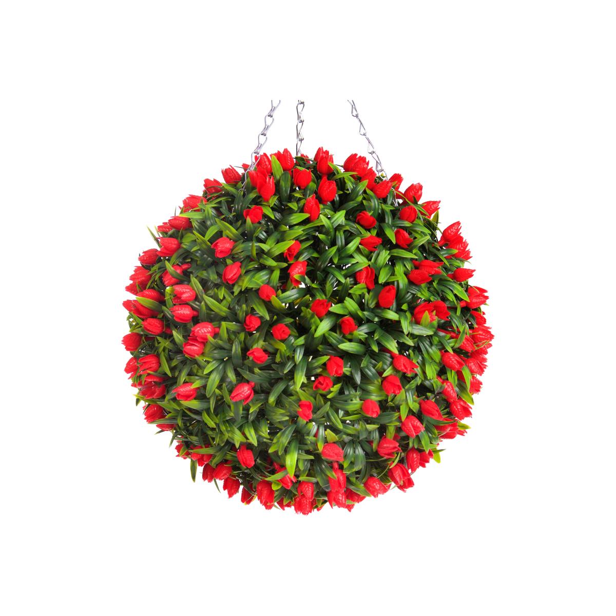Best Artificial 38cm Red Lush Tulip Hanging Basket Flower Topiary Ball - Red – image 1