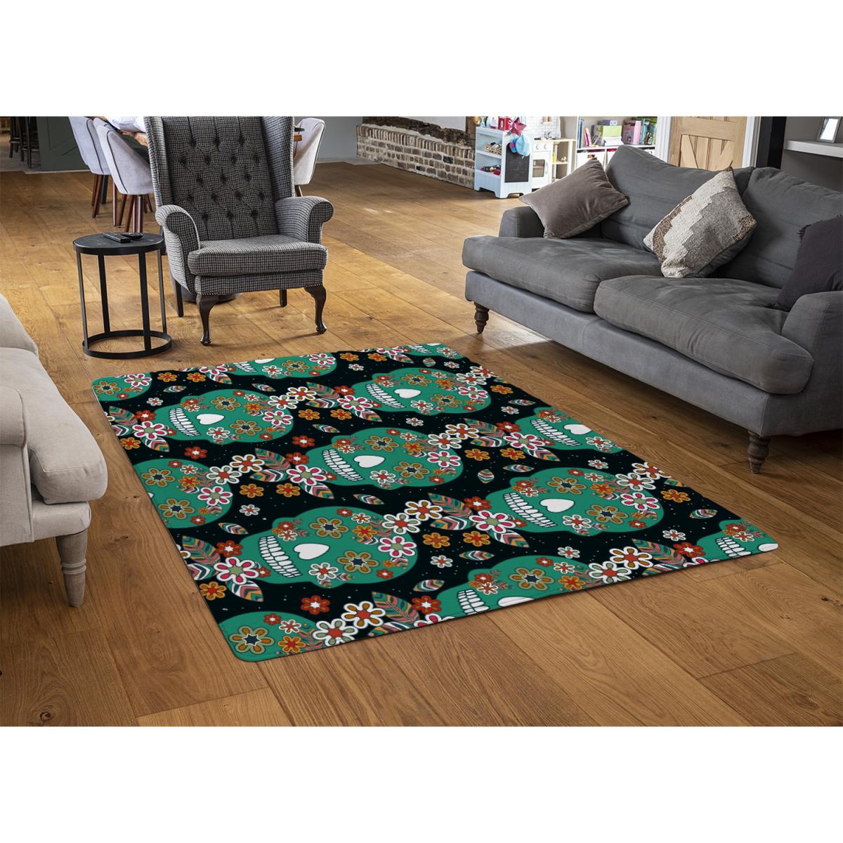 Embroidery Colorful Simplified Ethnic Flowers And Skull Pattern Rug - Green / 230cm – image 3