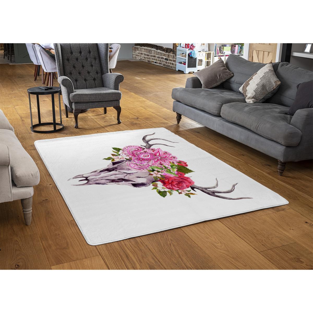 Deer Animal Skull With Flowers And Feathers Rug - Pink / 230cm – image 3