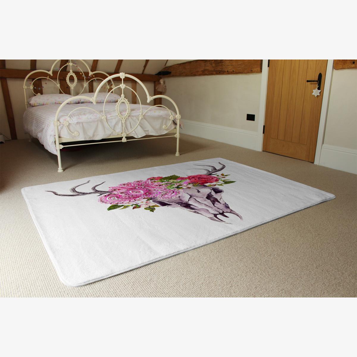 Deer Animal Skull With Flowers And Feathers Rug - Pink / 230cm – image 1