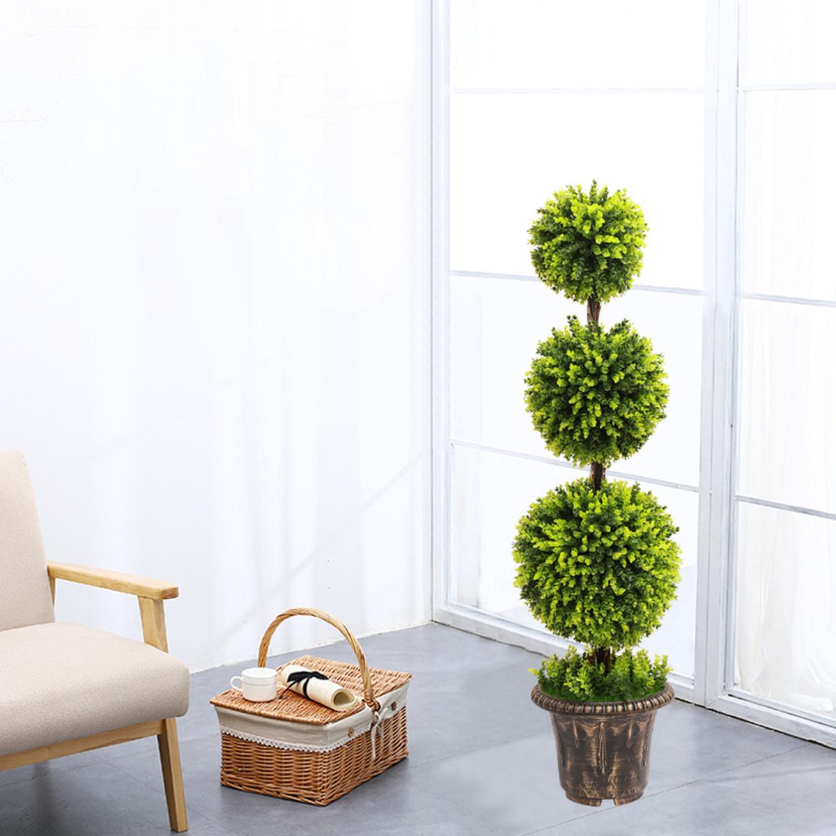 Artificial Green Topiary Boxwood Tree Triple Ball in Vintage Pot - Green – image 4