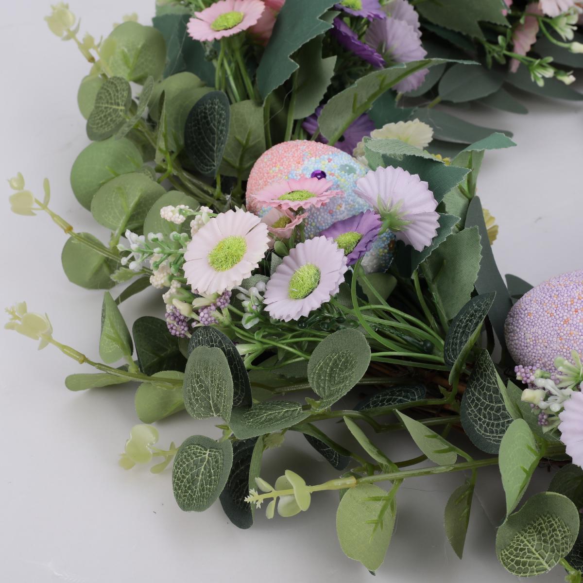 Artifical Eucalyptus Easter Egg Daisy Flower Rattan Hoop Wreath Hanging Decor - Green – image 2