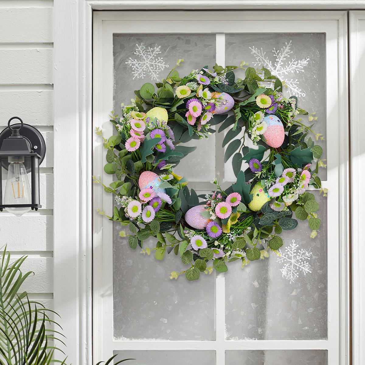 Artifical Eucalyptus Easter Egg Daisy Flower Rattan Hoop Wreath Hanging Decor - Green – image 3