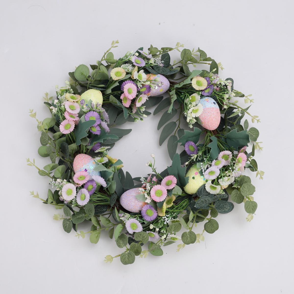 Artifical Eucalyptus Easter Egg Daisy Flower Rattan Hoop Wreath Hanging Decor - Green – image 4