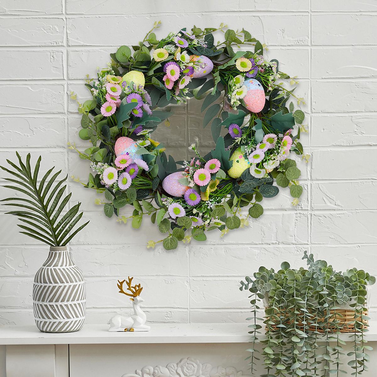 Artifical Eucalyptus Easter Egg Daisy Flower Rattan Hoop Wreath Hanging Decor - Green – image 7