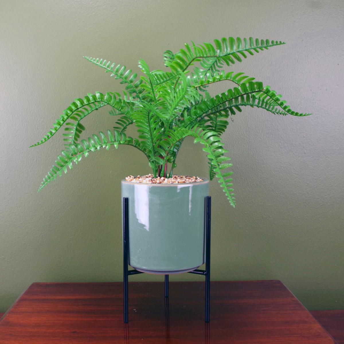 Artificial Fern Plant Ceramic Planter Stand - Green