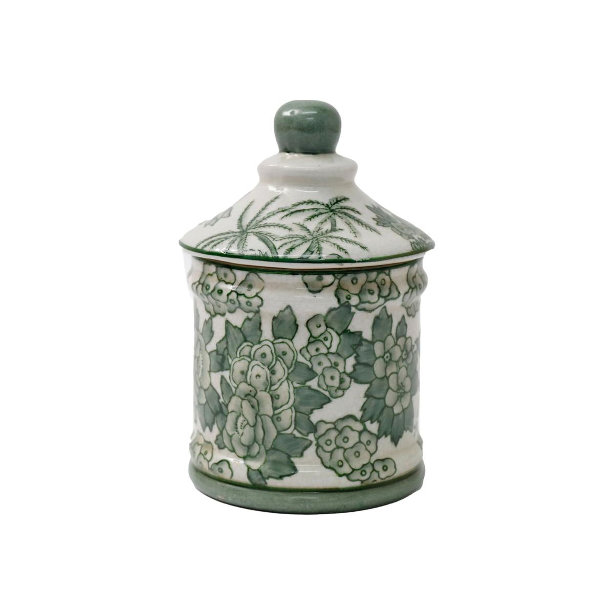 Ceramic Green Parrot Palm Willow Urn Jar With Lid - Green