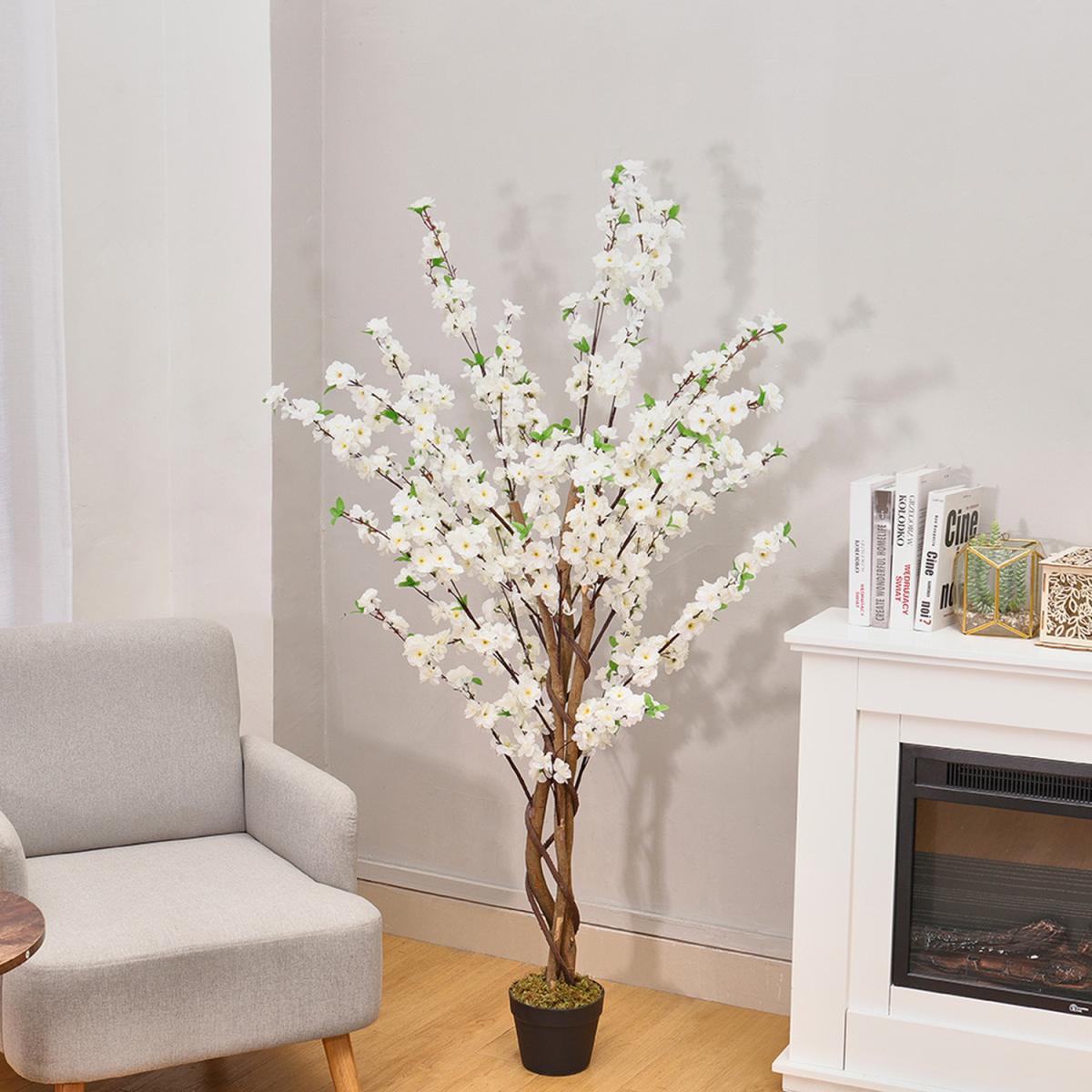 Artificial Peach Blossom Tree Potted Flower Home Plant Decor - White – image 5
