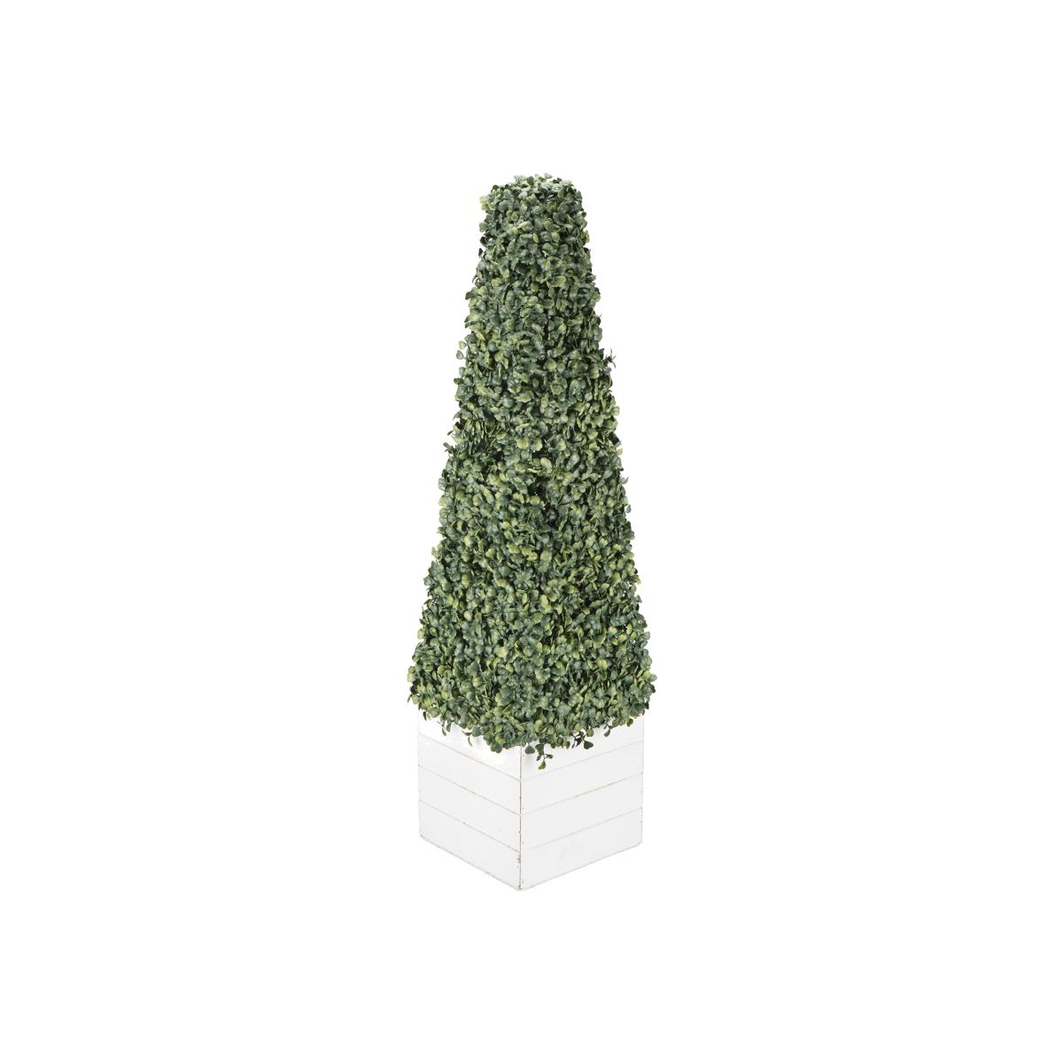 Boxwood Pyramid on Wood Pot - White – image 1