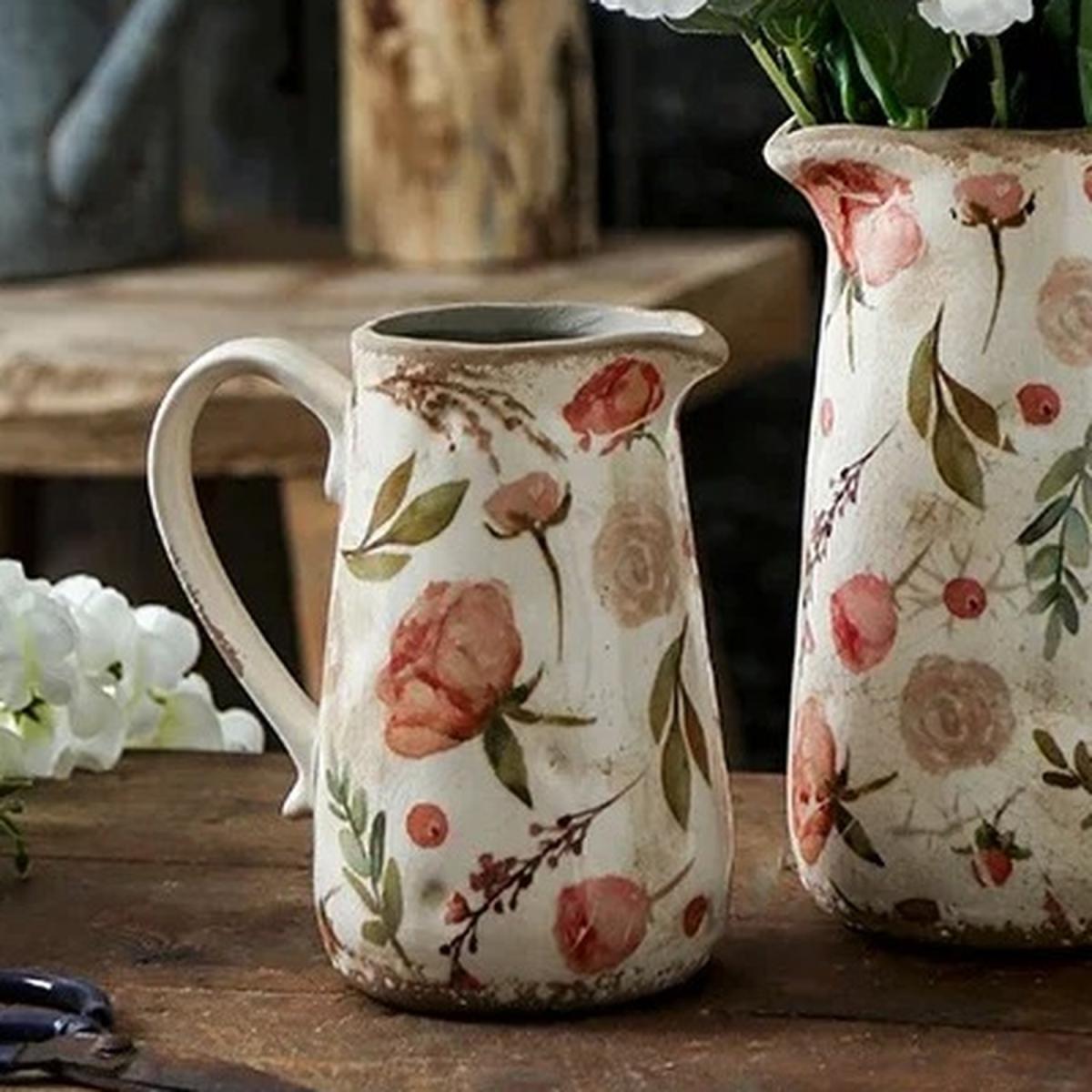 Pink Flowers Ceramic Jug with Handle