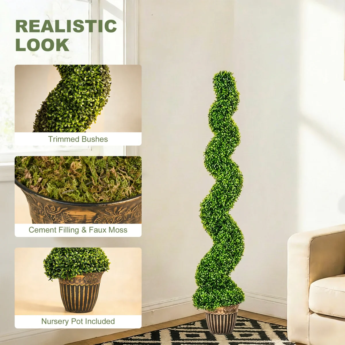 HOMCOM Set of 2 Potted Artificial Plants, Topiary Spiral Boxwood Trees - Green – image 4