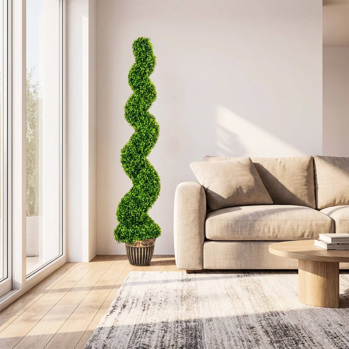HOMCOM Set of 2 Potted Artificial Plants, Topiary Spiral Boxwood Trees - Green – image 5