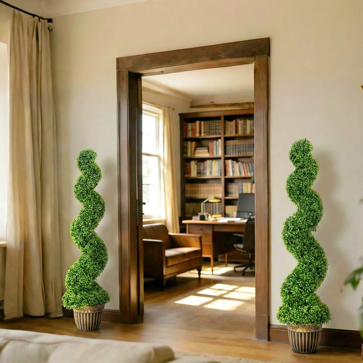 HOMCOM Set of 2 Potted Artificial Plants, Topiary Spiral Boxwood Trees - Green – image 6