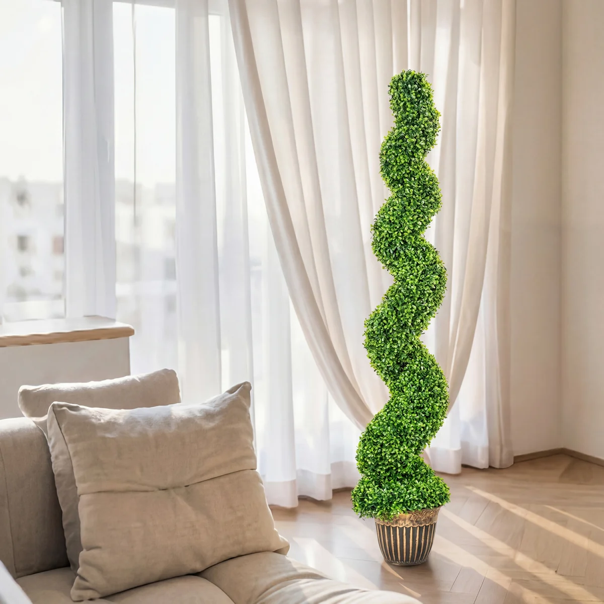 HOMCOM Set of 2 Potted Artificial Plants, Topiary Spiral Boxwood Trees - Green – image 8