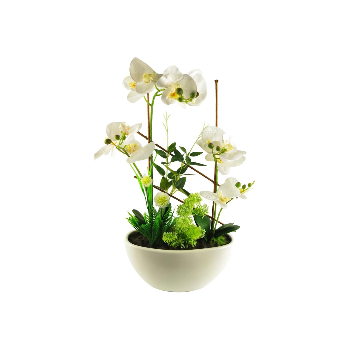 Artificial Blossoming Orchid Display in Ceramic Planter - White