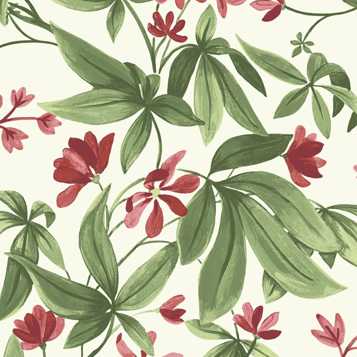 Morgan Hand painted Leaves Flowers Textured Wallpaper - Deep Red Green – image 2
