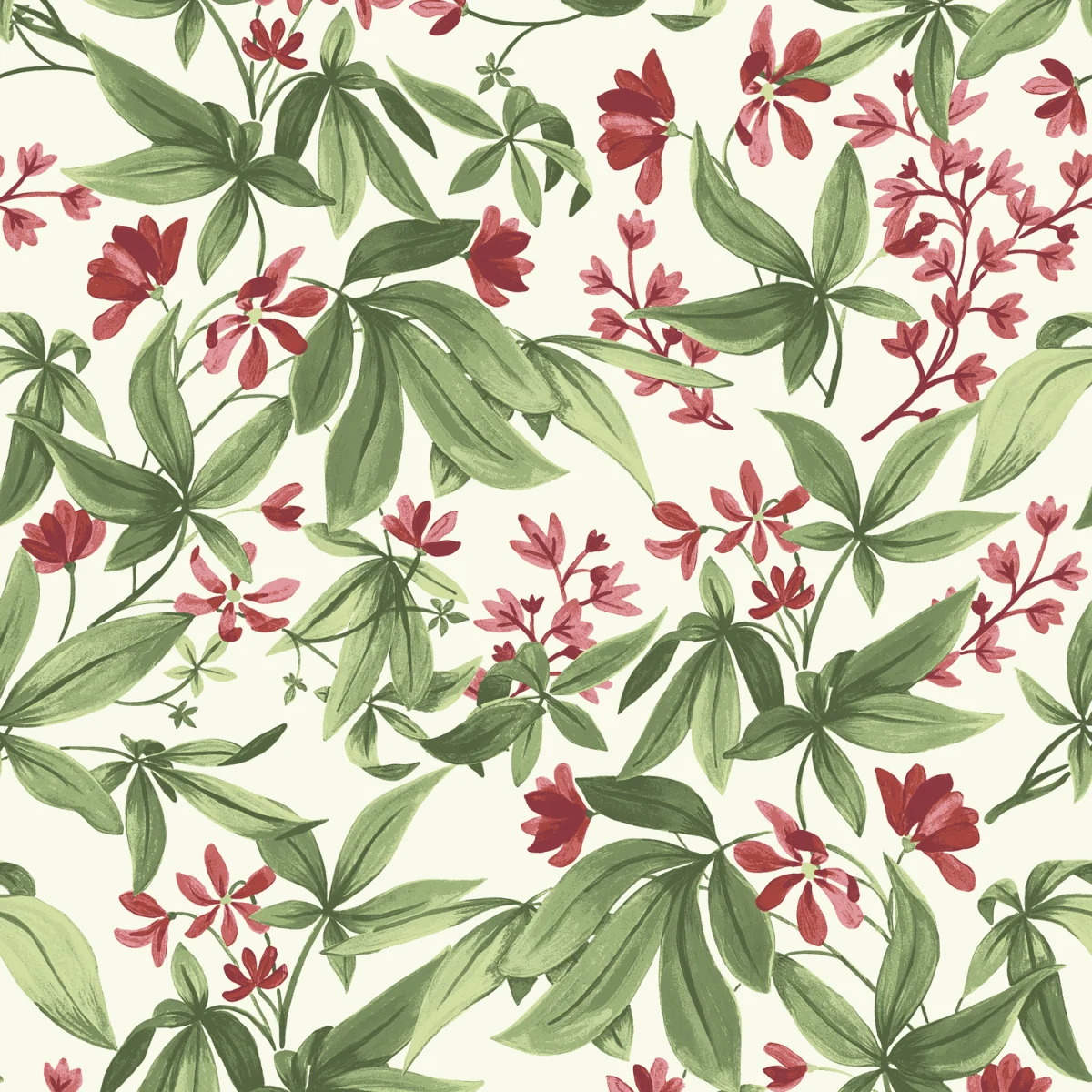 Morgan Hand painted Leaves Flowers Textured Wallpaper - Deep Red Green – image 1