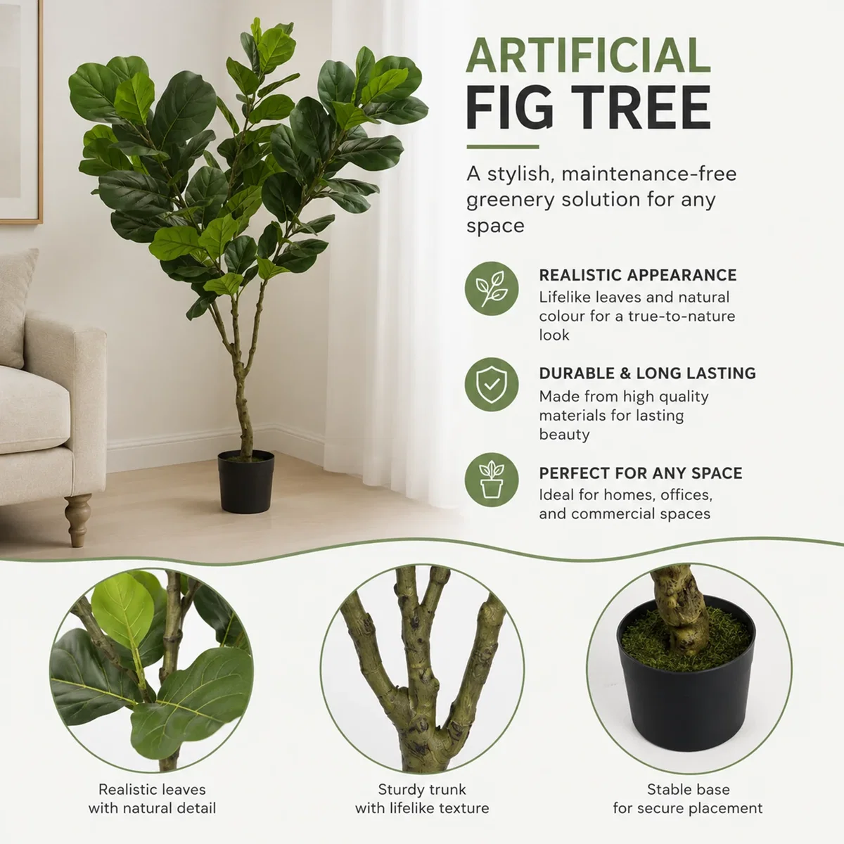 Artificial Fiddle Leaf Fig Plant Tree - Green – image 2