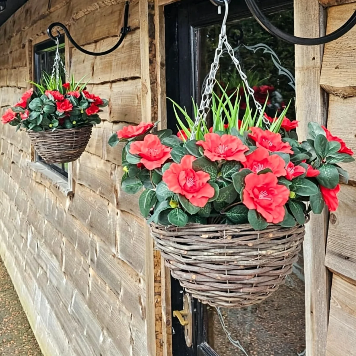 Best Artificial 10 Inch Pink & Red Azalea Flower with Rattan Wicker Hanging Basket - Red & Pink – image 2