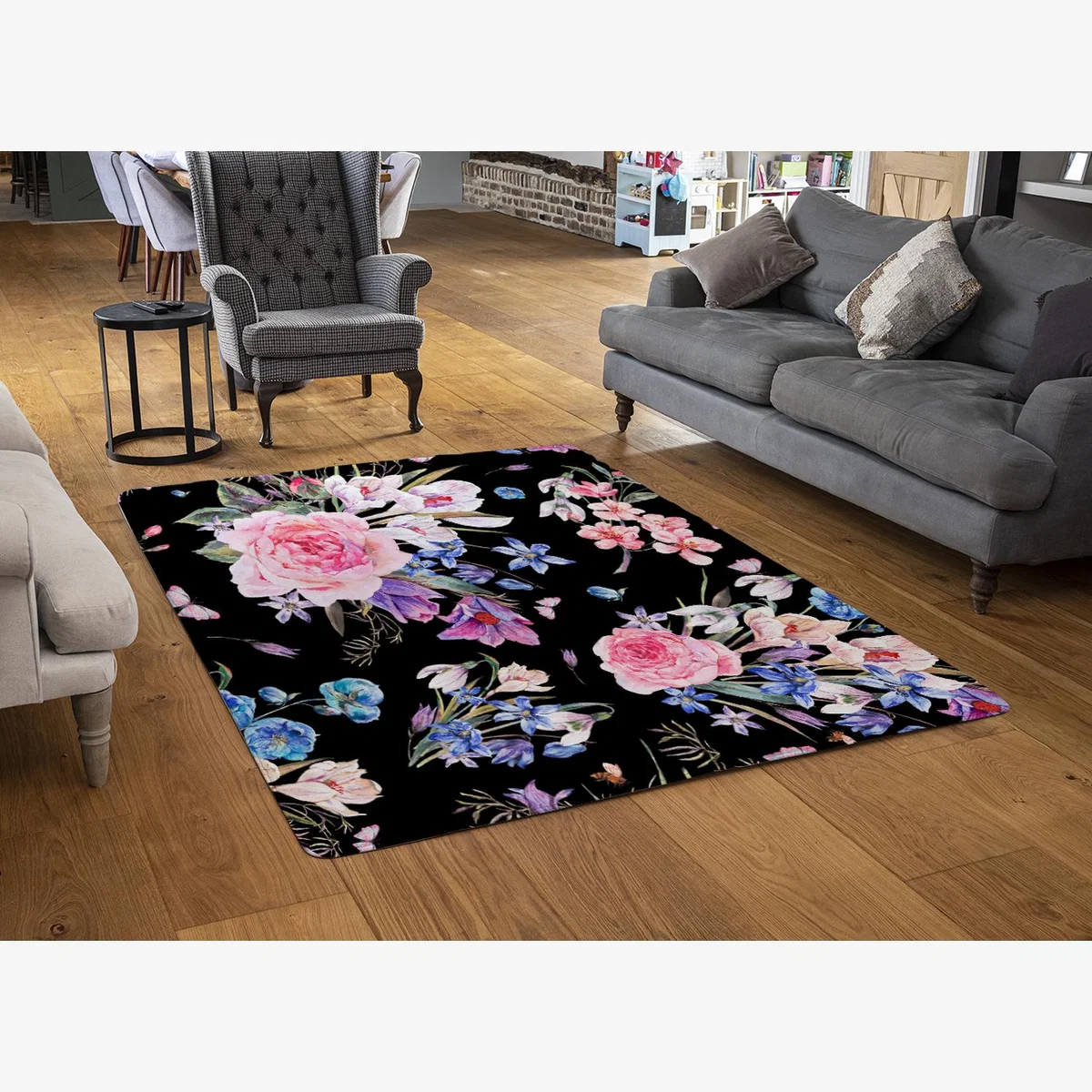 Bright Pink Flowers On Black Rug - Pink / 150cm – image 1