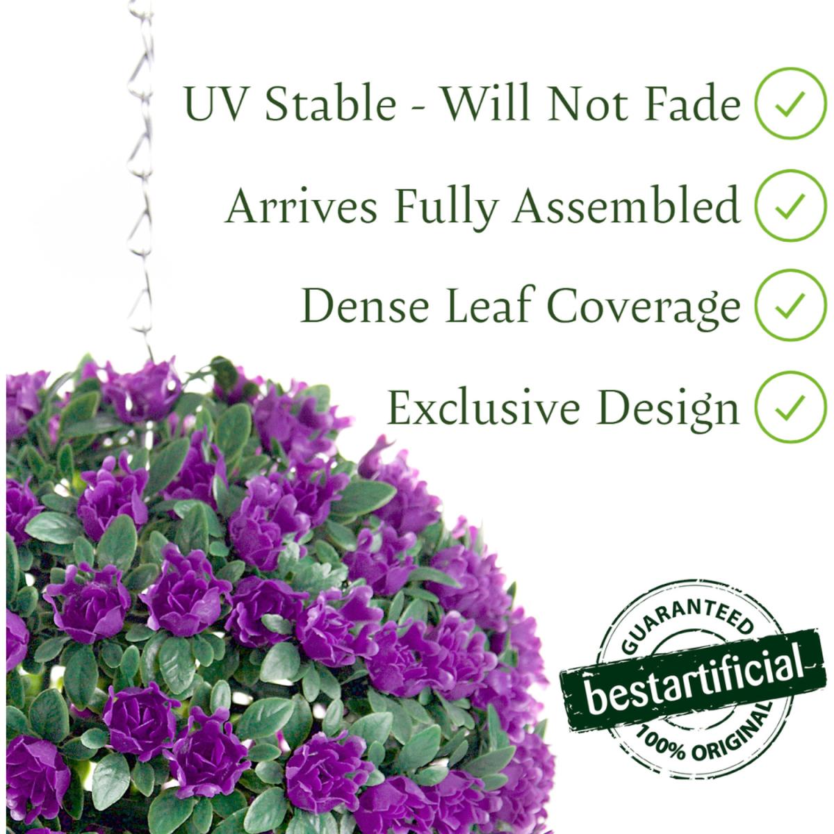 Best Artificial 23cm Purple Rose Hanging Basket Flower Topiary Ball - Purple – image 2