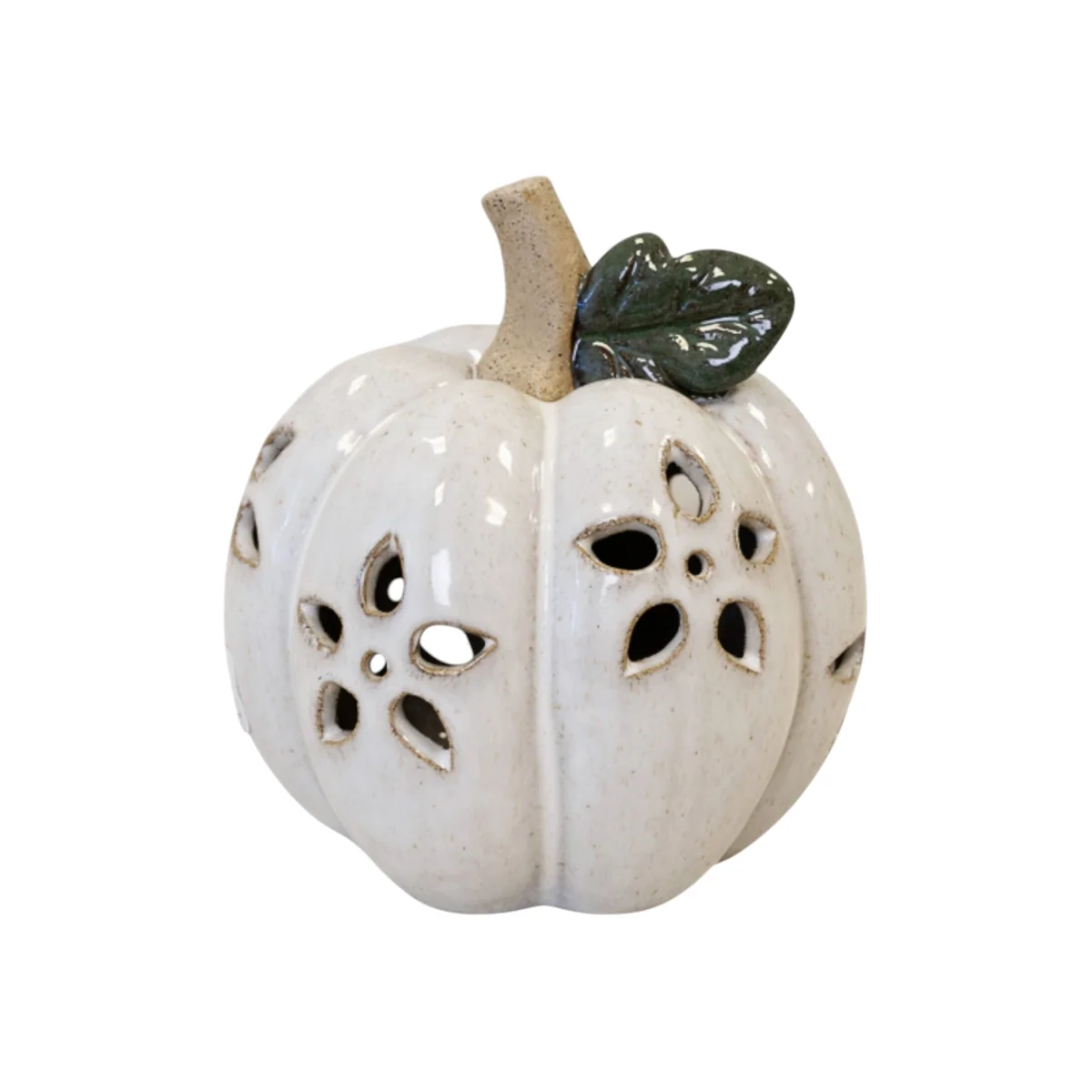 Small LED Pumpkin with Open Flower Detail Porcelain Decoration - Cream – image 1