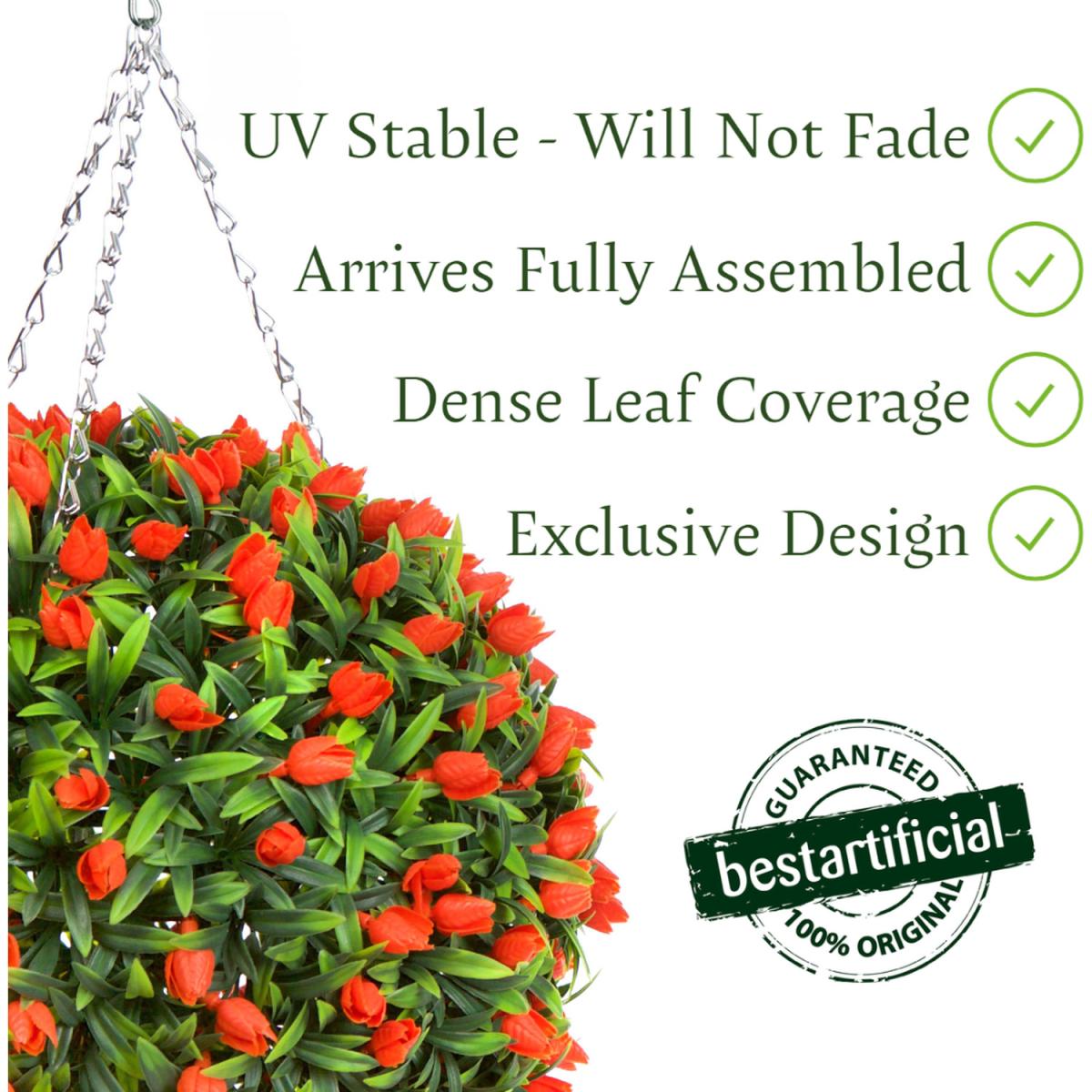 Best Artificial 28cm Orange Tulip Hanging Basket Flower Topiary Ball - Orange – image 2