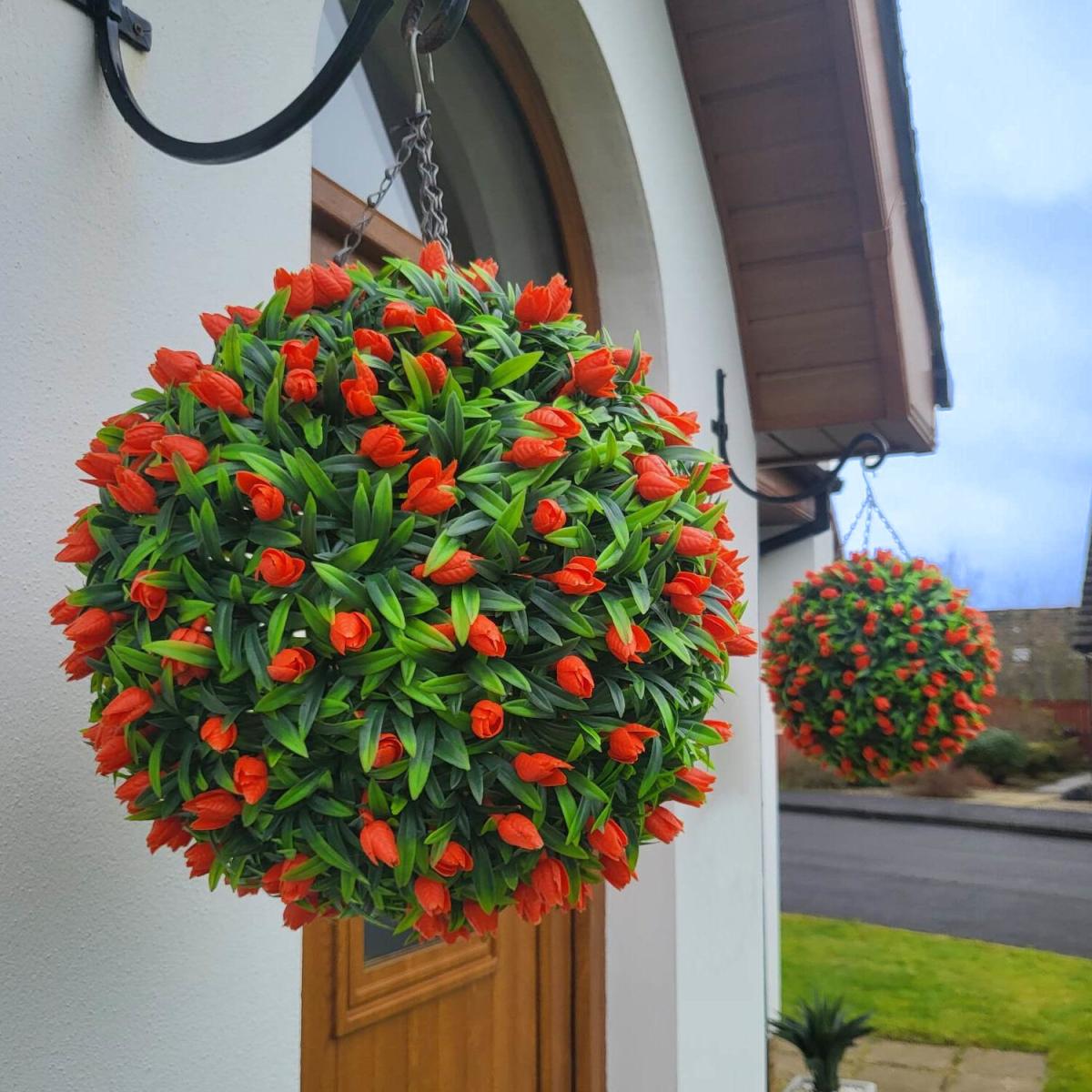 Best Artificial 28cm Orange Tulip Hanging Basket Flower Topiary Ball - Orange – image 6