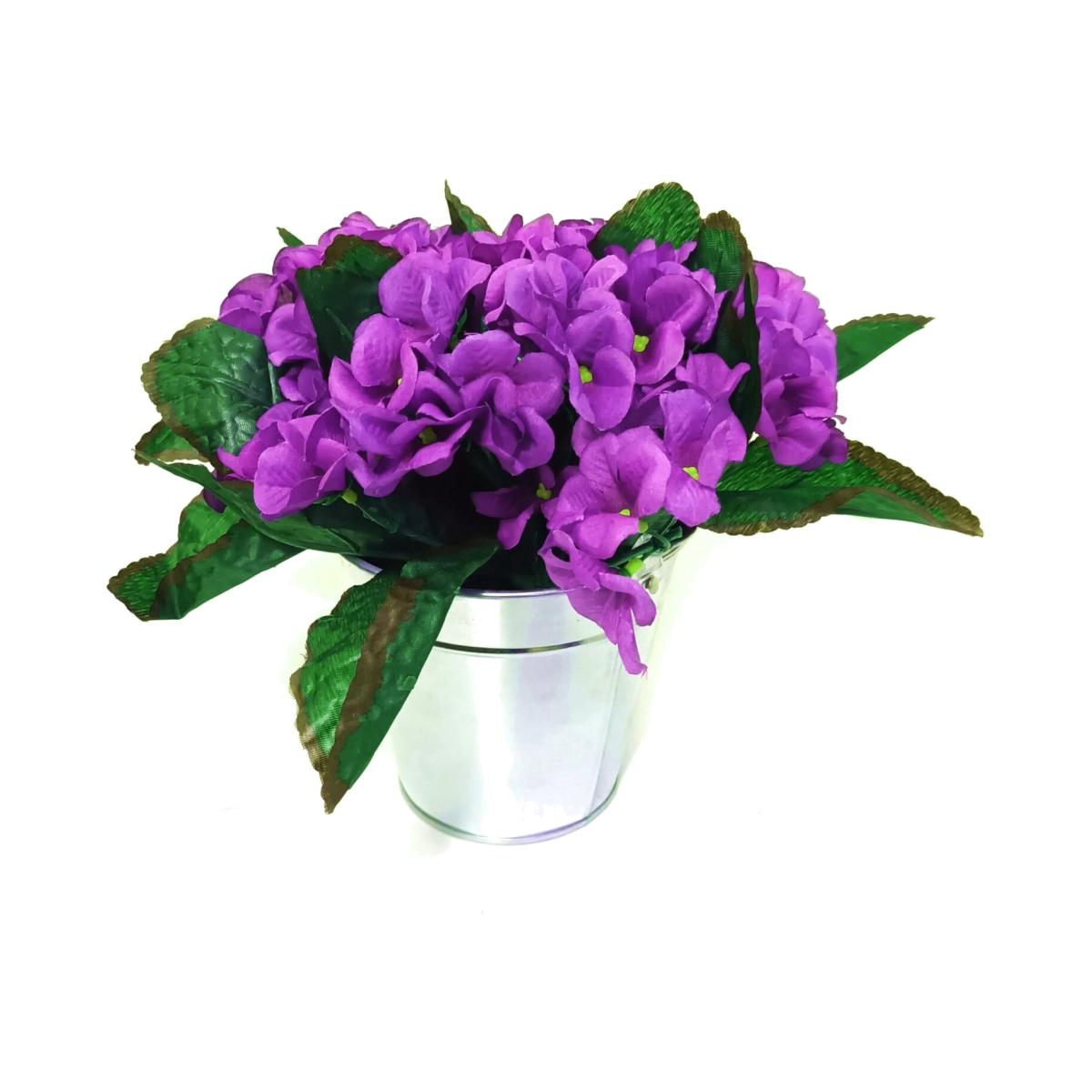 Artificial African Violet Flowers in Silver Bucket - Purple