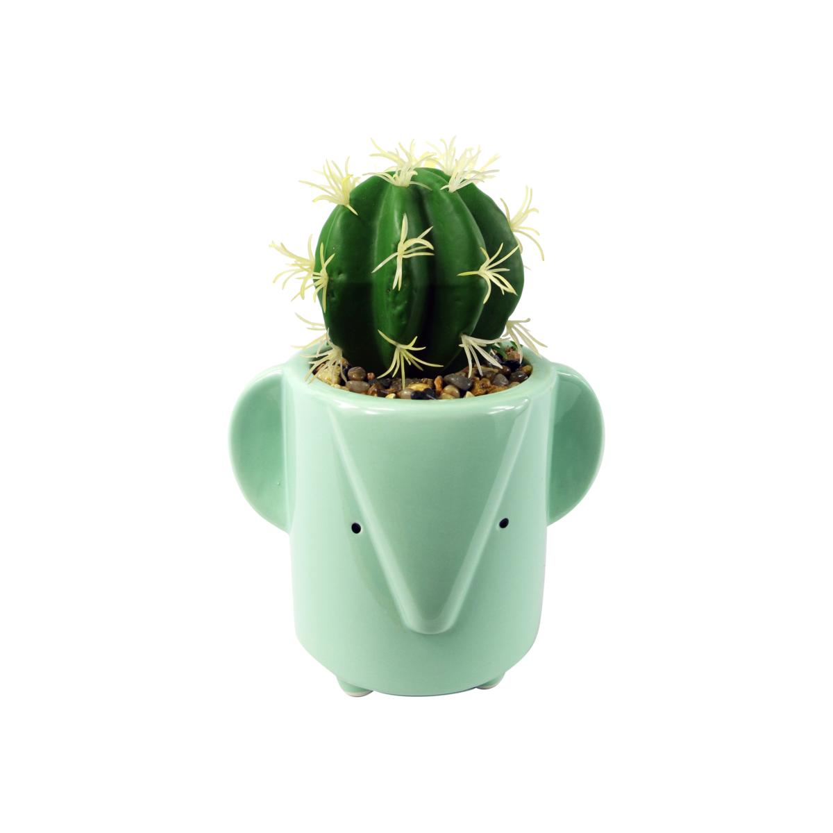Ceramic Blue Elephant Planter Artificial Cactus Plant - Blue