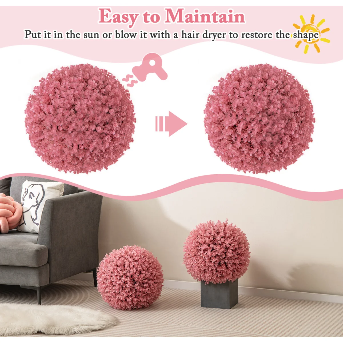 2 Pieces Artificial Plant Topiary Balls - Pink – image 5