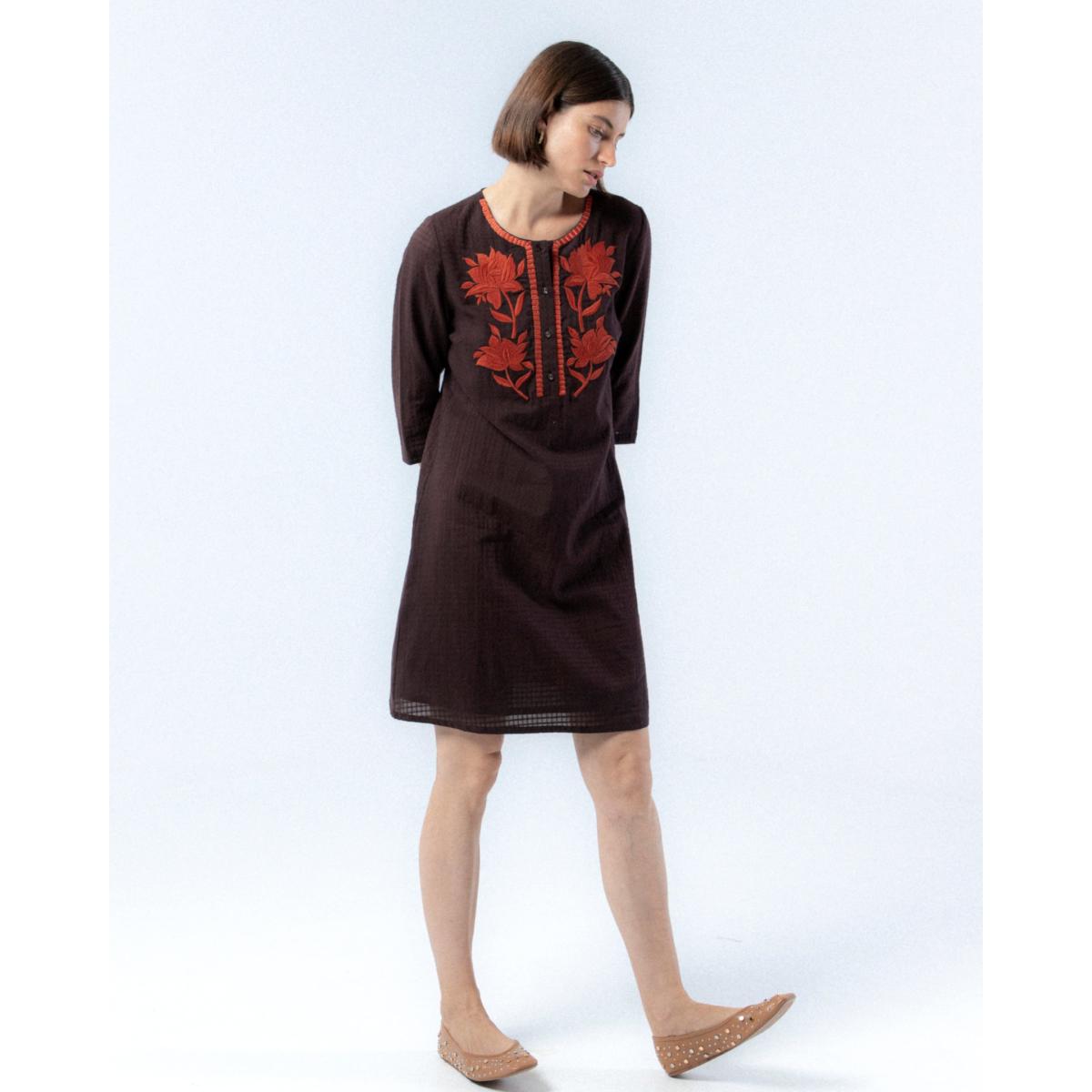 Women's Brown Dress With Embroidered Flowers Manuela | Small | Niza – image 2