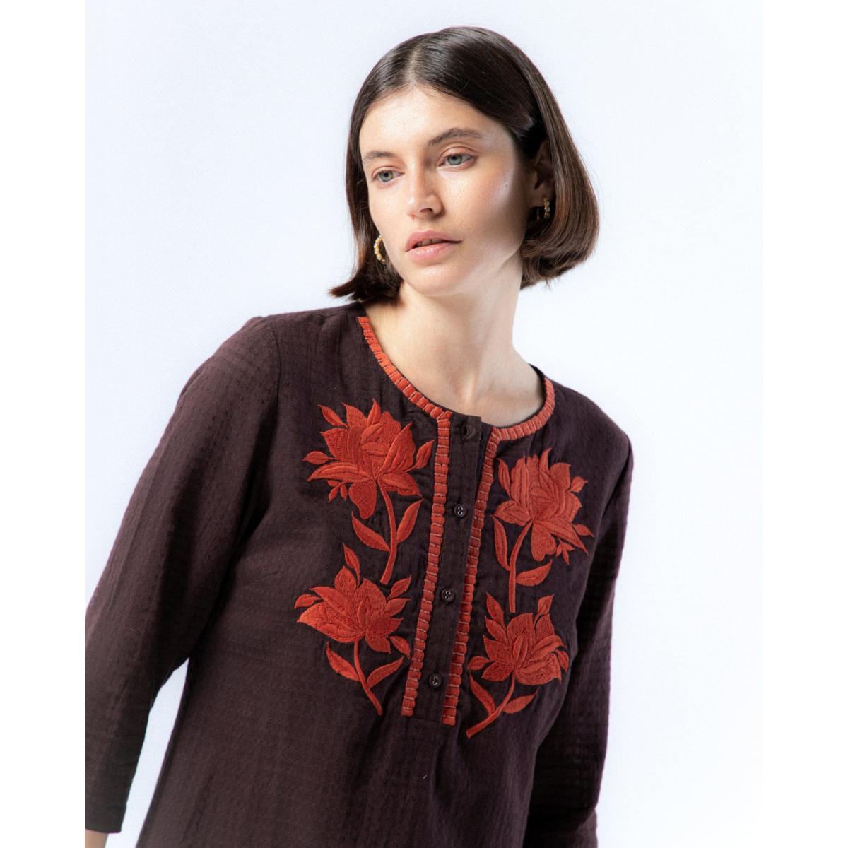 Women's Brown Dress With Embroidered Flowers Manuela | Small | Niza – image 3