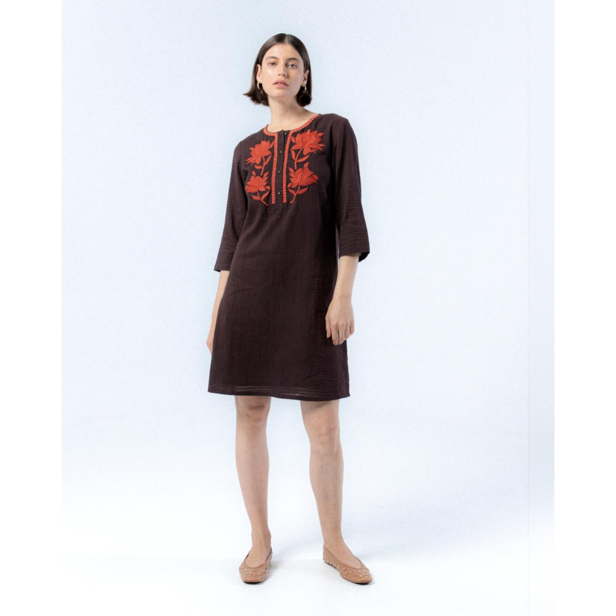 Women's Brown Dress With Embroidered Flowers Manuela | Small | Niza – image 4