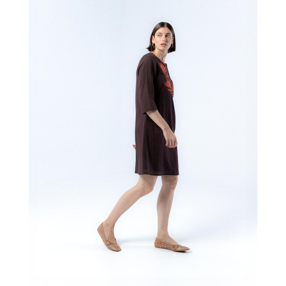 Women's Brown Dress With Embroidered Flowers Manuela | Small | Niza – image 5