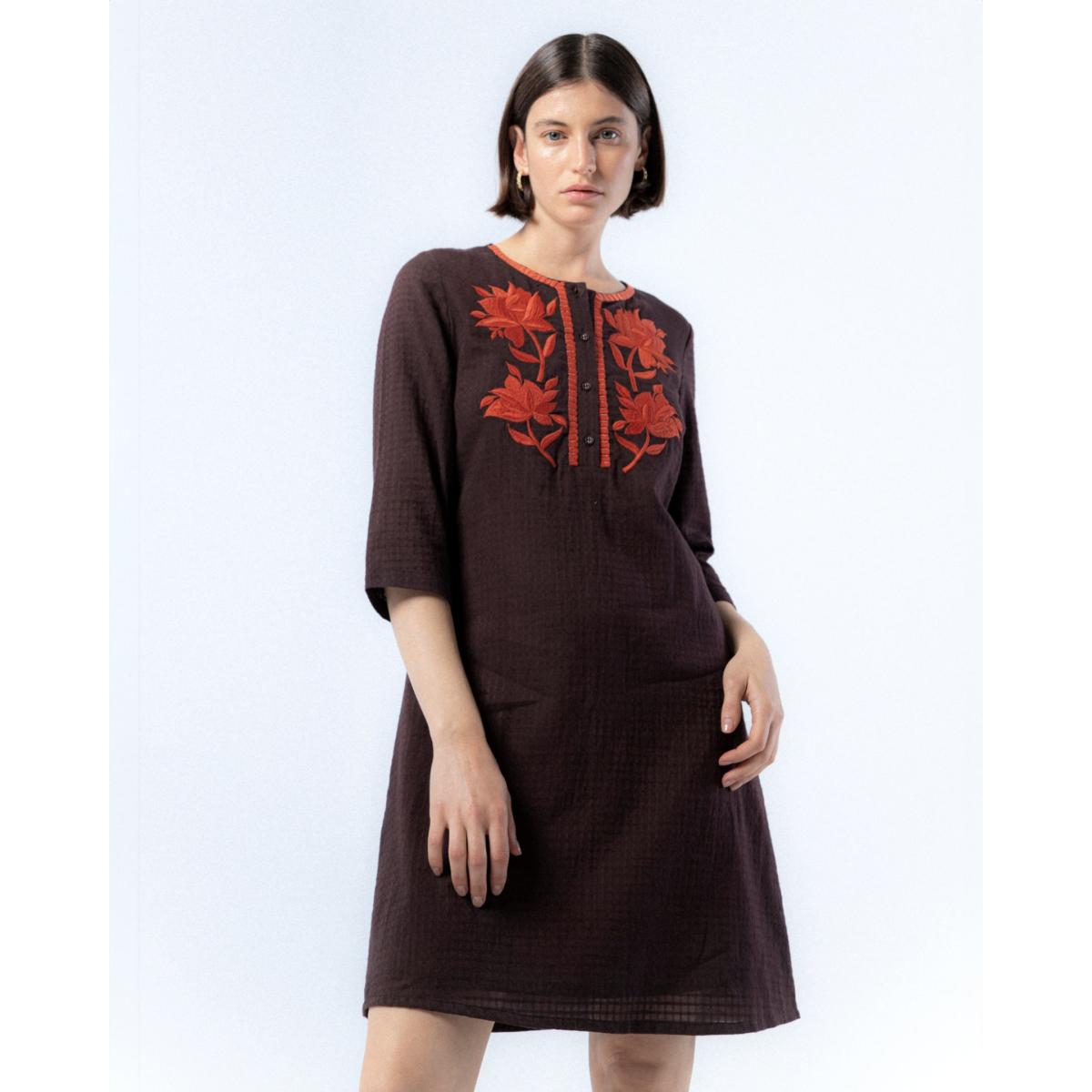 Women's Brown Dress With Embroidered Flowers Manuela | Small | Niza – image 7