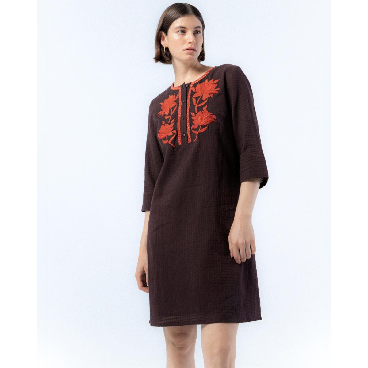 Women's Brown Dress With Embroidered Flowers Manuela | Small | Niza – image 8