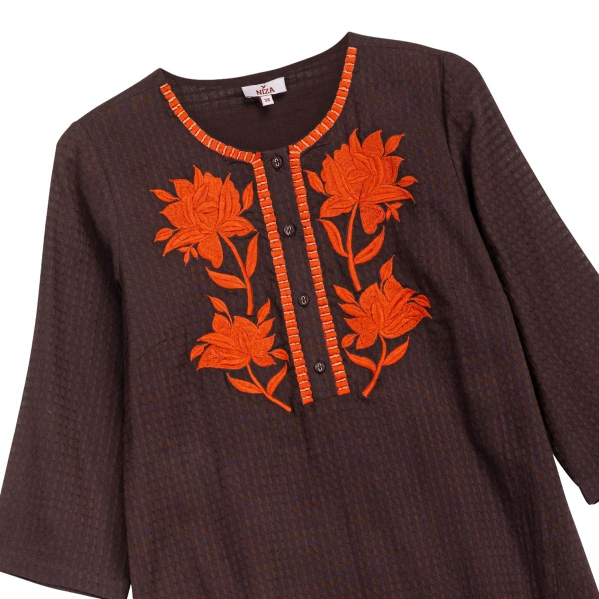 Women's Brown Dress With Embroidered Flowers Manuela | Small | Niza – image 9