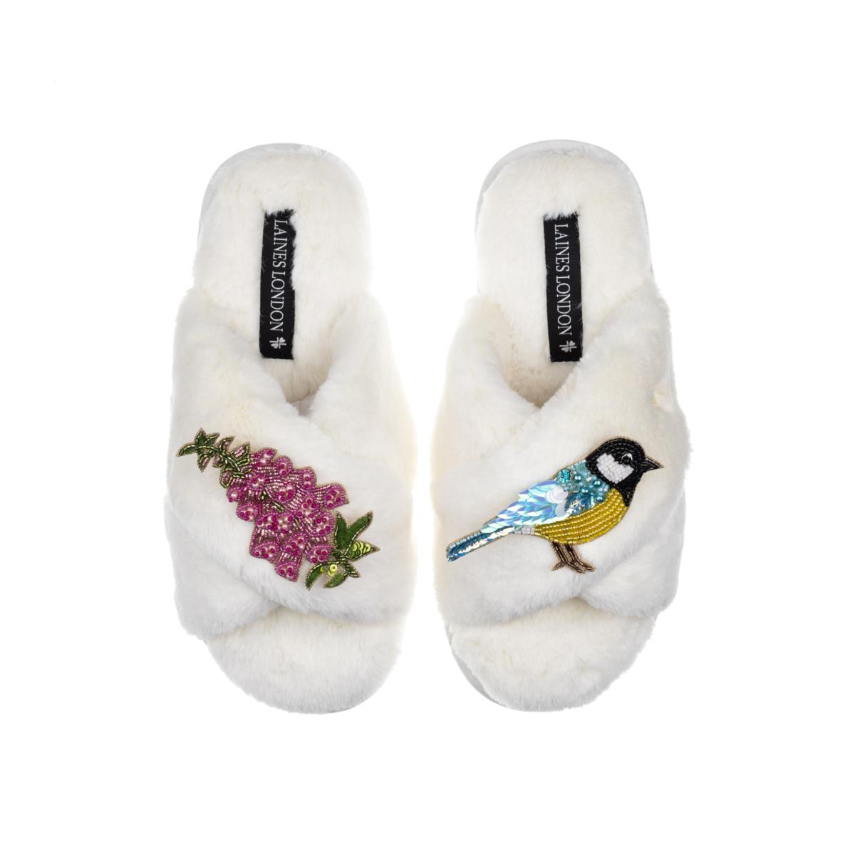 Women's White Classic Laines Slippers With Pink Foxglove Flowers & Blue Tit Brooches - Cream | Extra Large | Laines London