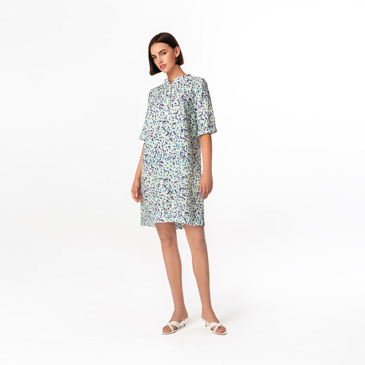 Women's White / Blue Button Front Printed Linen Dress With Mandarin Neck  Blue Starflowers | Medium | Haris Cotton – image 2